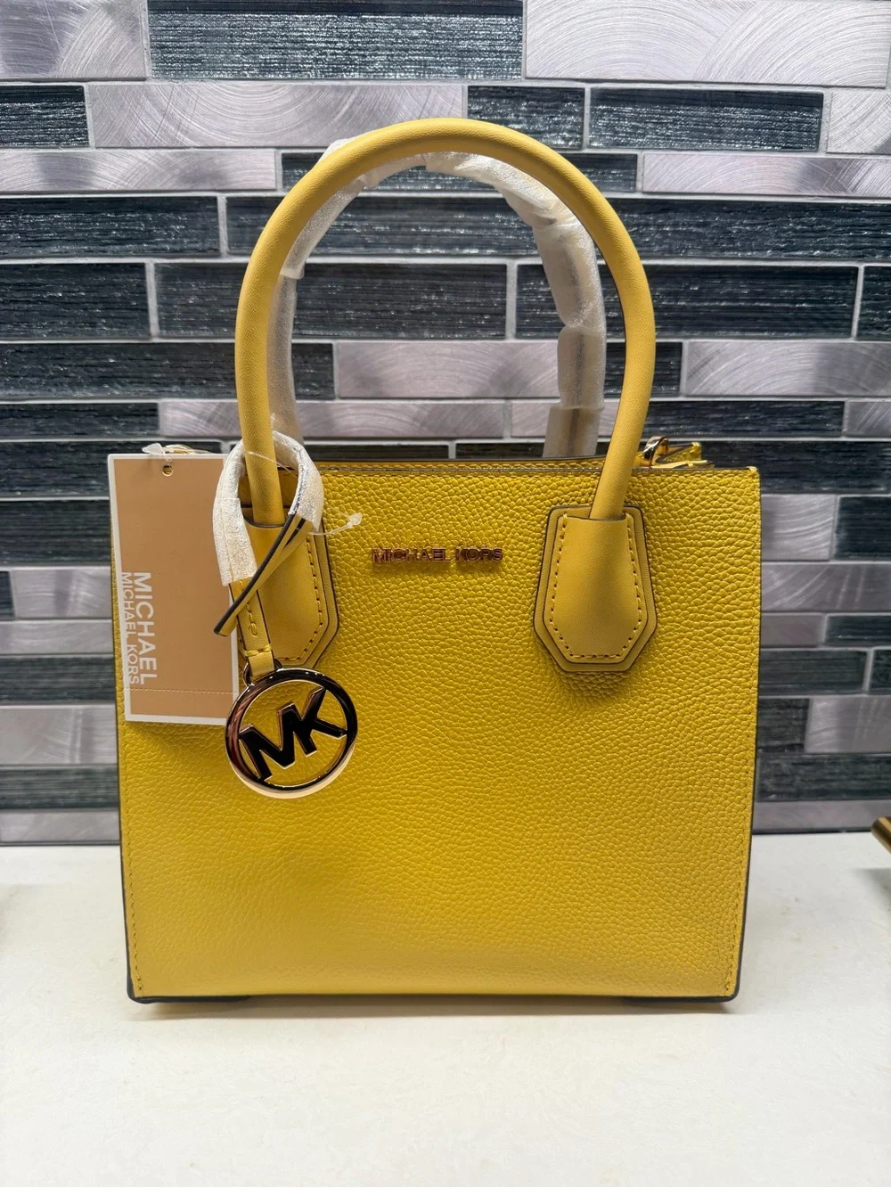 Michael Kors Mercer Medium Pebbled Leather Crossbody Bag in Daffodil Yellow